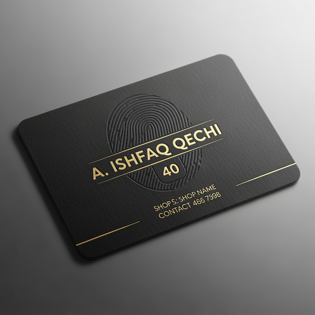 AI Design for make a shop card in which the owner name is a ishfaq qechi 40 make high profile shop card