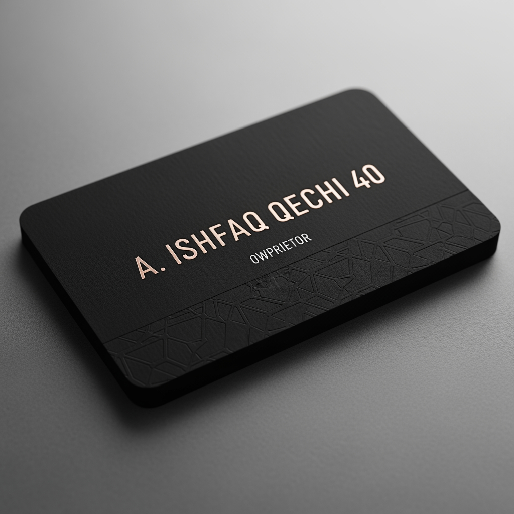 AI Design for make a shop card in which the owner name is a ishfaq qechi 40 make high profile shop card