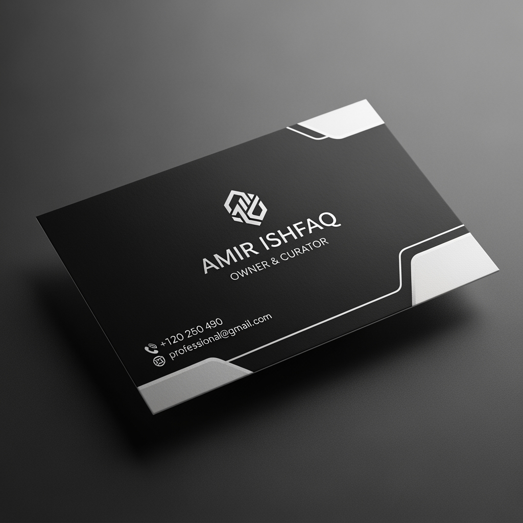 AI Design for make a shop card in which the owner name is amir ishfaq make high profile shop card
