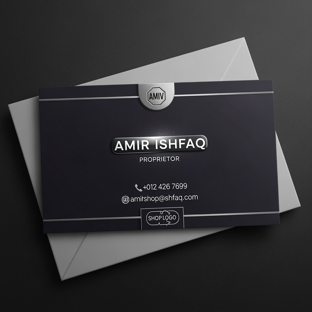 AI Design for make a shop card in which the owner name is amir ishfaq make high profile shop card
