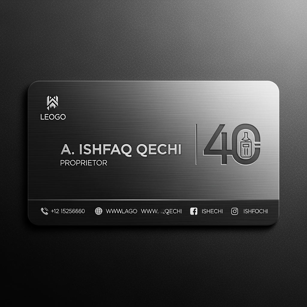 AI Design for make a shop card in which the owner name is a ishfaq qechi 40 make high profile shop card