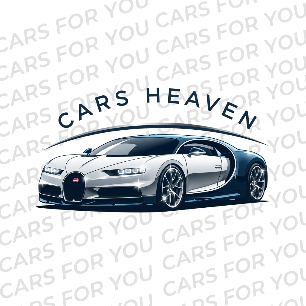 AI Design for make a lodo in which bugatti car and its logo name is CARS HEAVEN and cars are shiny add text in background and the text in CRAS FOR YOU
