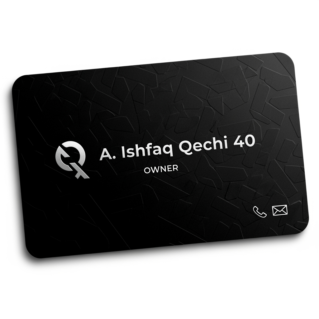 AI Design for make a shop card in which the owner name is a ishfaq qechi 40 make high profile shop card