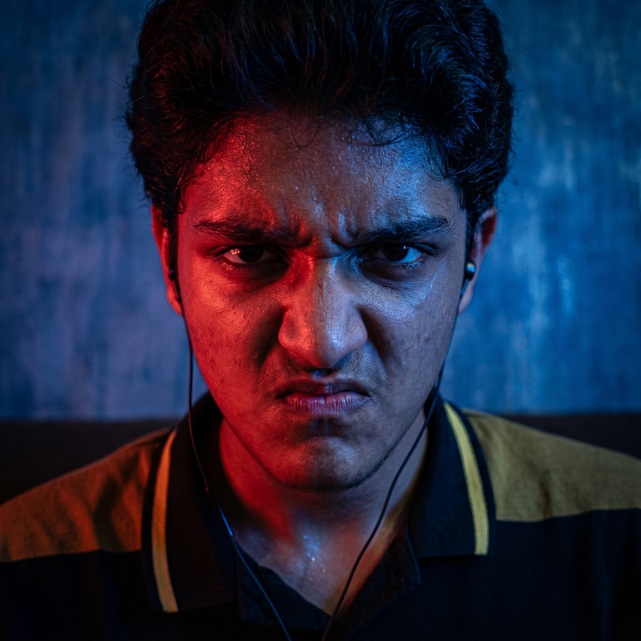 AI Design for convert into the anger face and red and blue lighting effects and convert into in the realistic photo