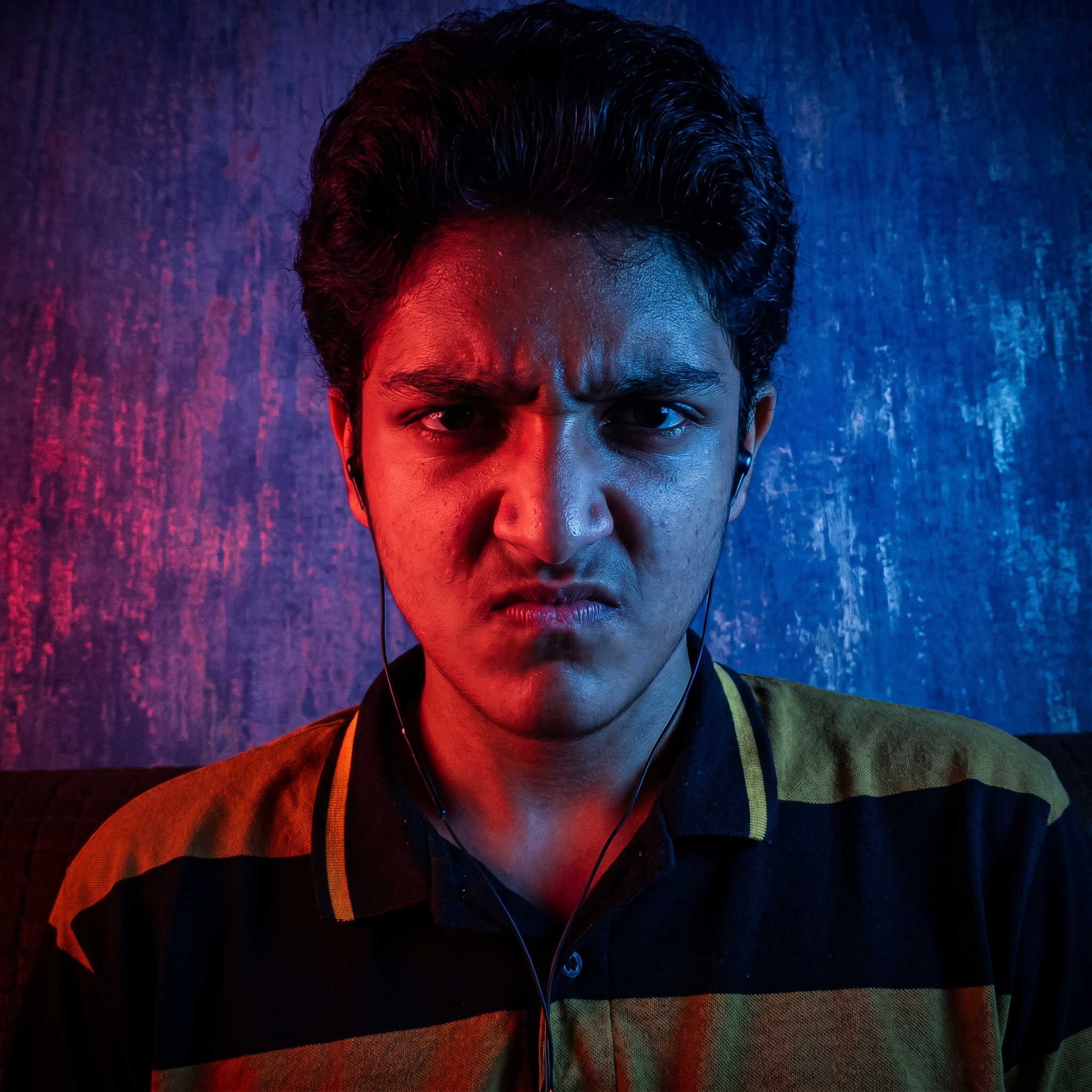 AI Design for convert into the anger face and red and blue lighting effects and convert into in the realistic photo