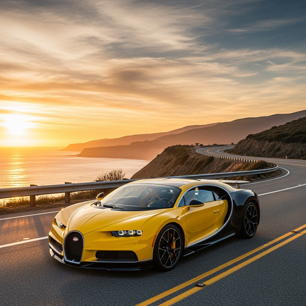 AI Design for make wallpaper for dextop and in which real bugatti and its colour is yellow and the wallpaper size is 19:6