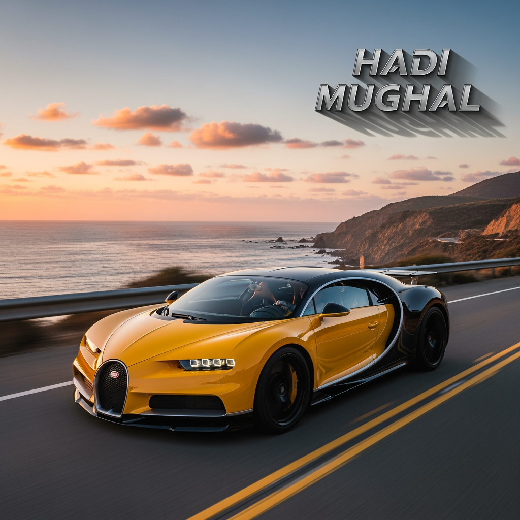 AI Design for make wallpaper for dextop and in which real bugatti and its colour is yellow and the wallpaper size is 19:6 add in 3D text and the text is HADI MUGHAL paste on right side upper corner