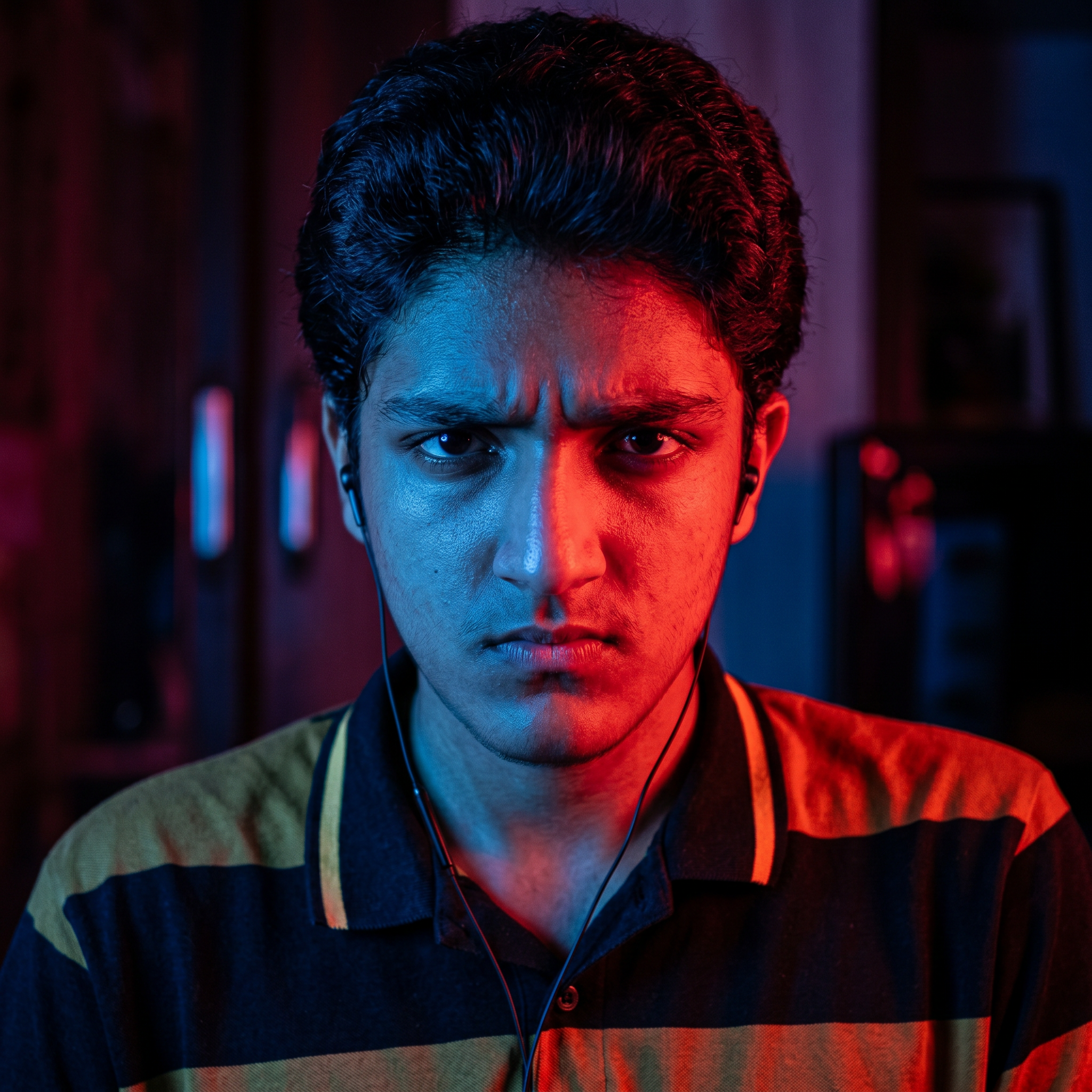 AI Design for convert into the serious face and red and blue lighting effects and convert into in the realistic photo