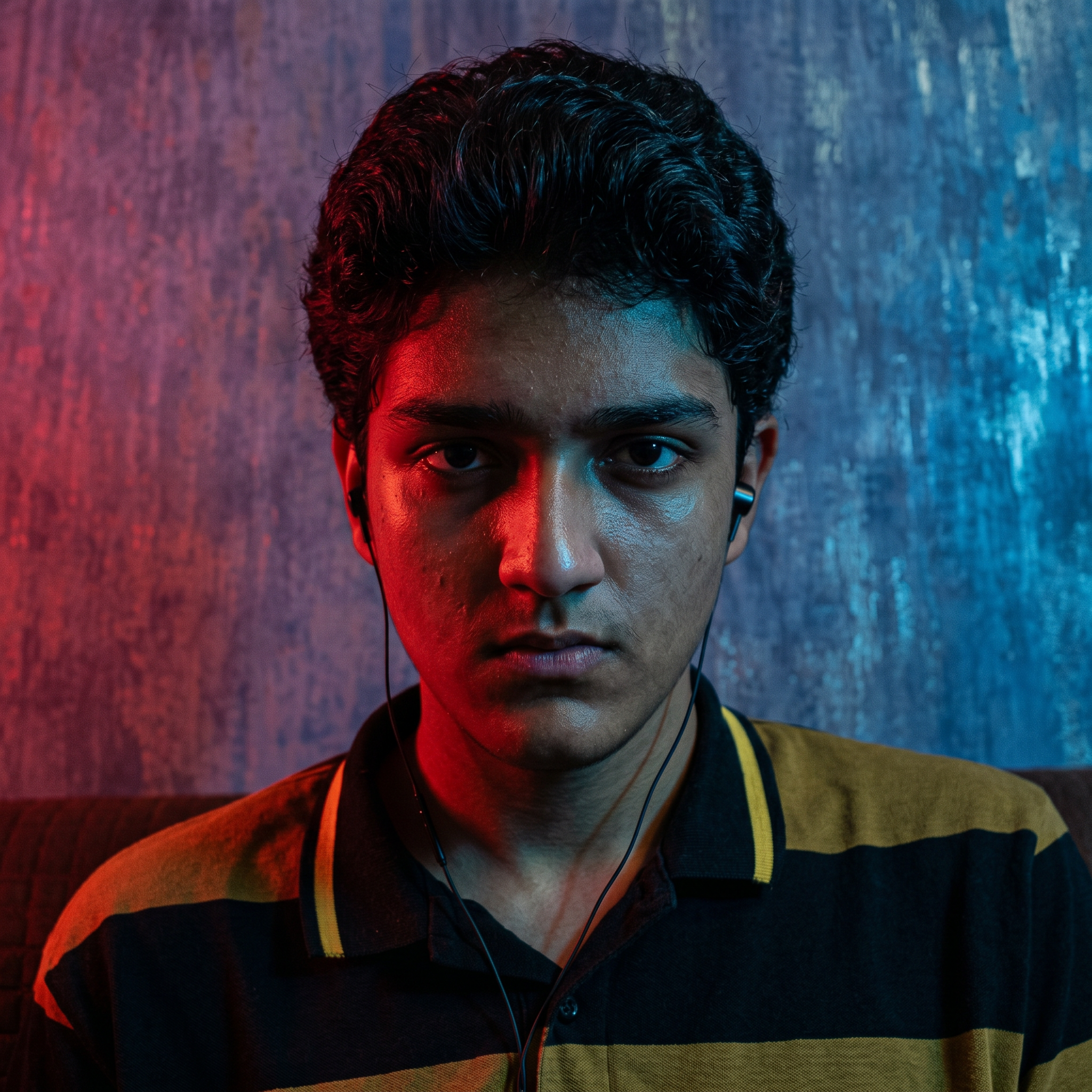 AI Design for convert into the serious face and red and blue lighting effects and convert into in the realistic photo