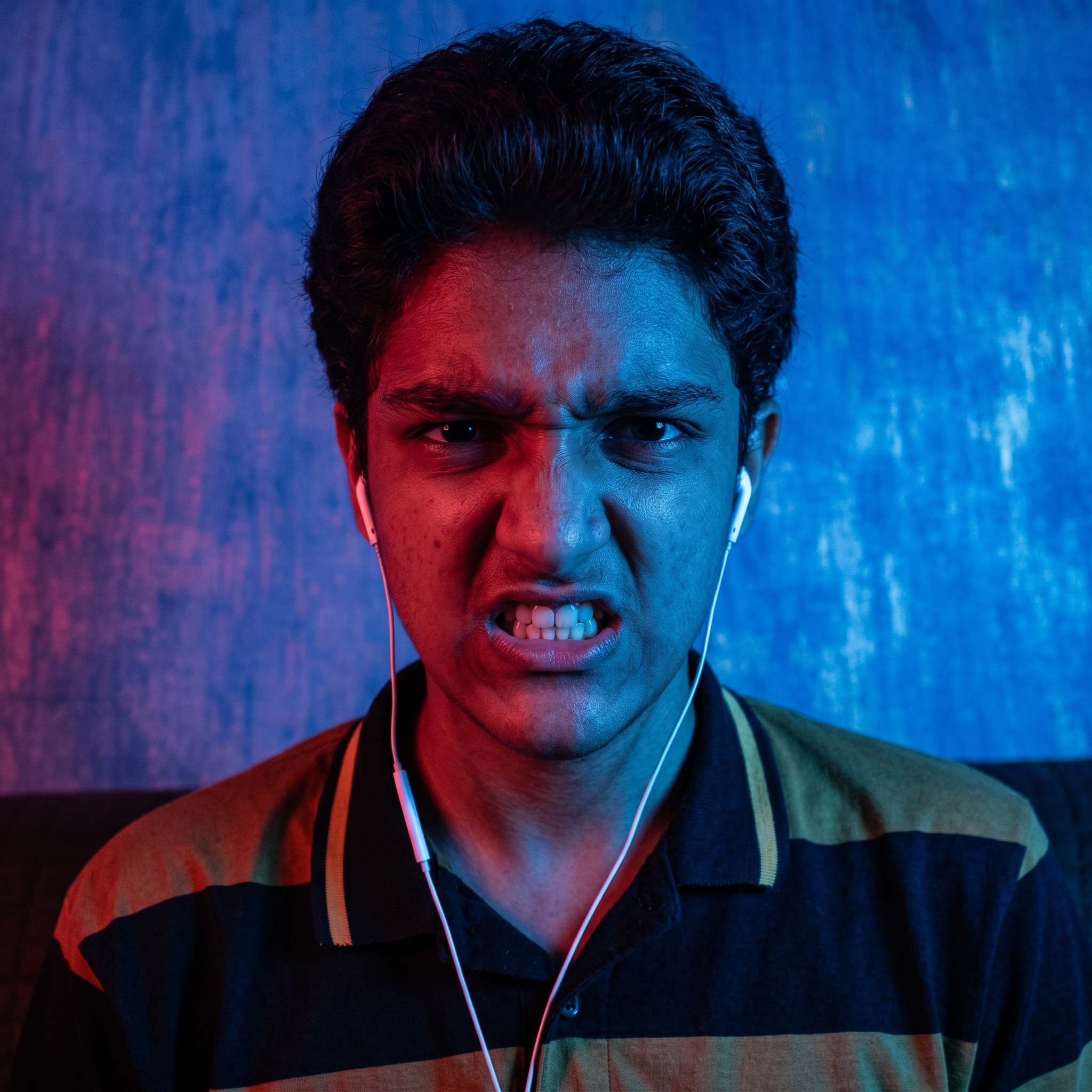 AI Design for convert into the anger face and red and blue lighting effects and convert into in the realistic photo