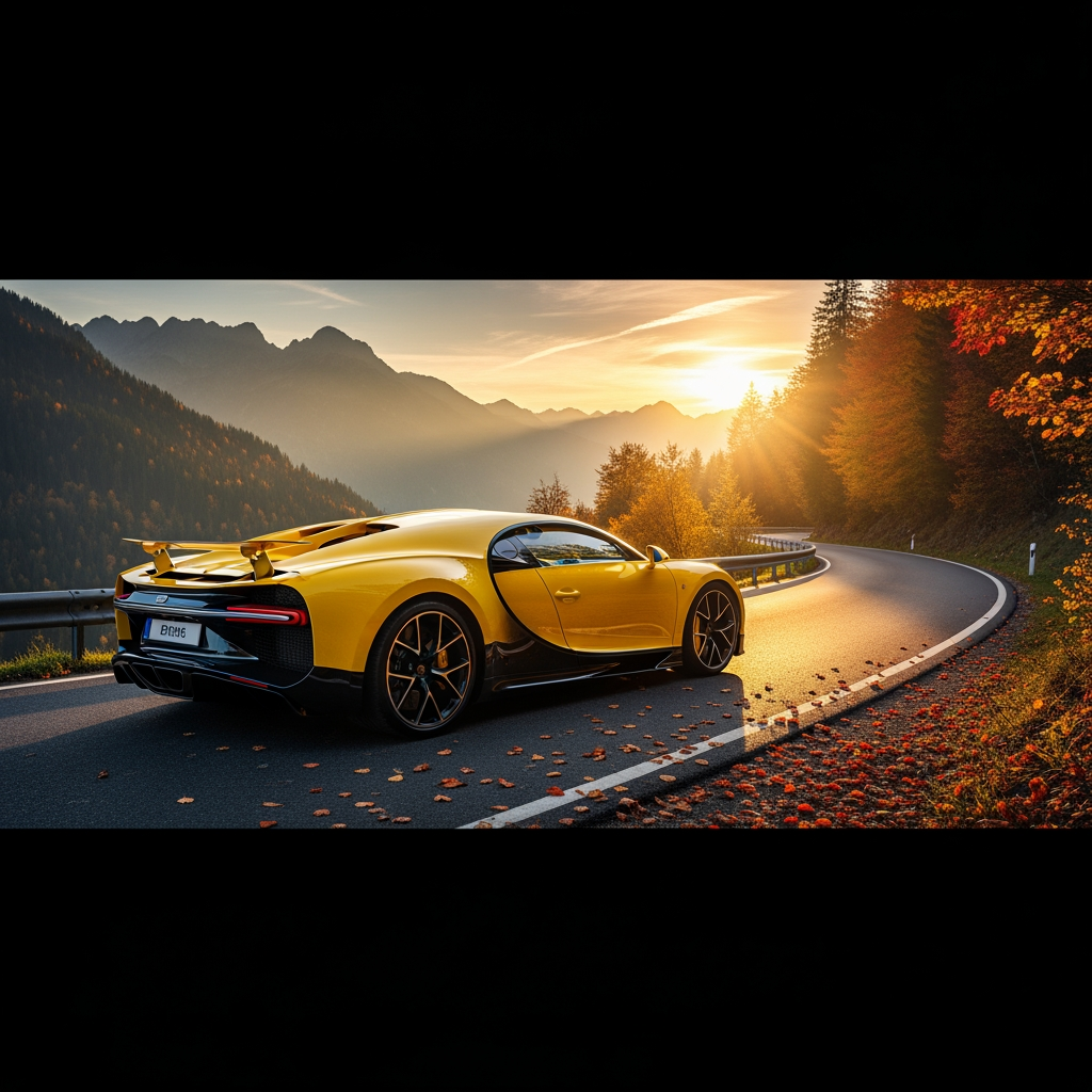 AI Design for make wallpaper for dextop and in which real bugatti and its colour is yellow and the wallpaper size is 19:6