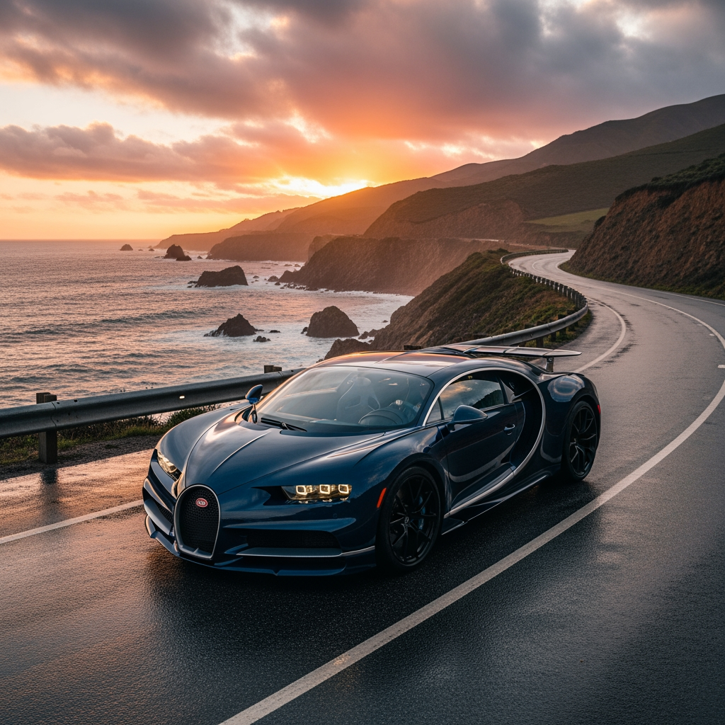 AI Design for make wallpaper for dextop and in which real bugatti
