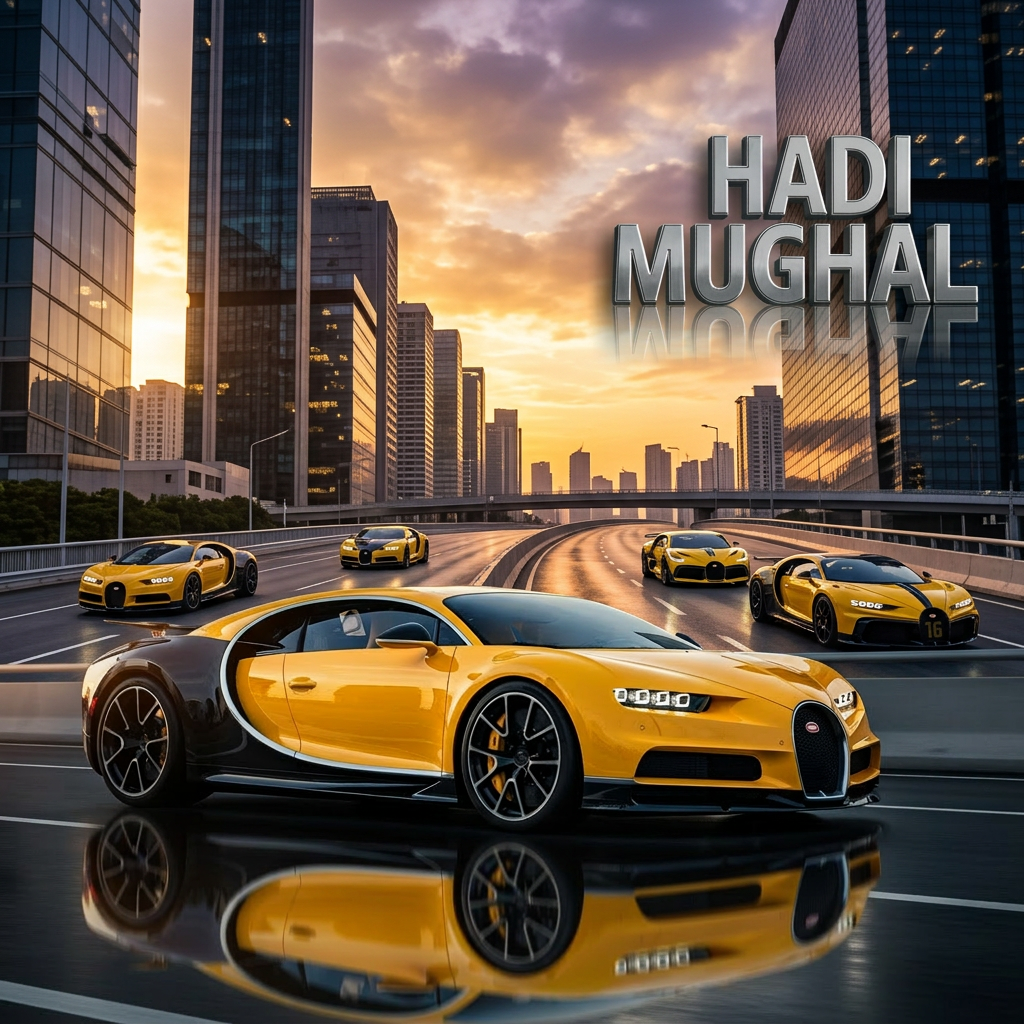 AI Design for make wallpaper for dextop and in which real bugatti and its colour is yellow and the wallpaper size is 19:6 add in 3D text and the text is HADI MUGHAL paste on right side upper corner and the wallpaper size is 16:6