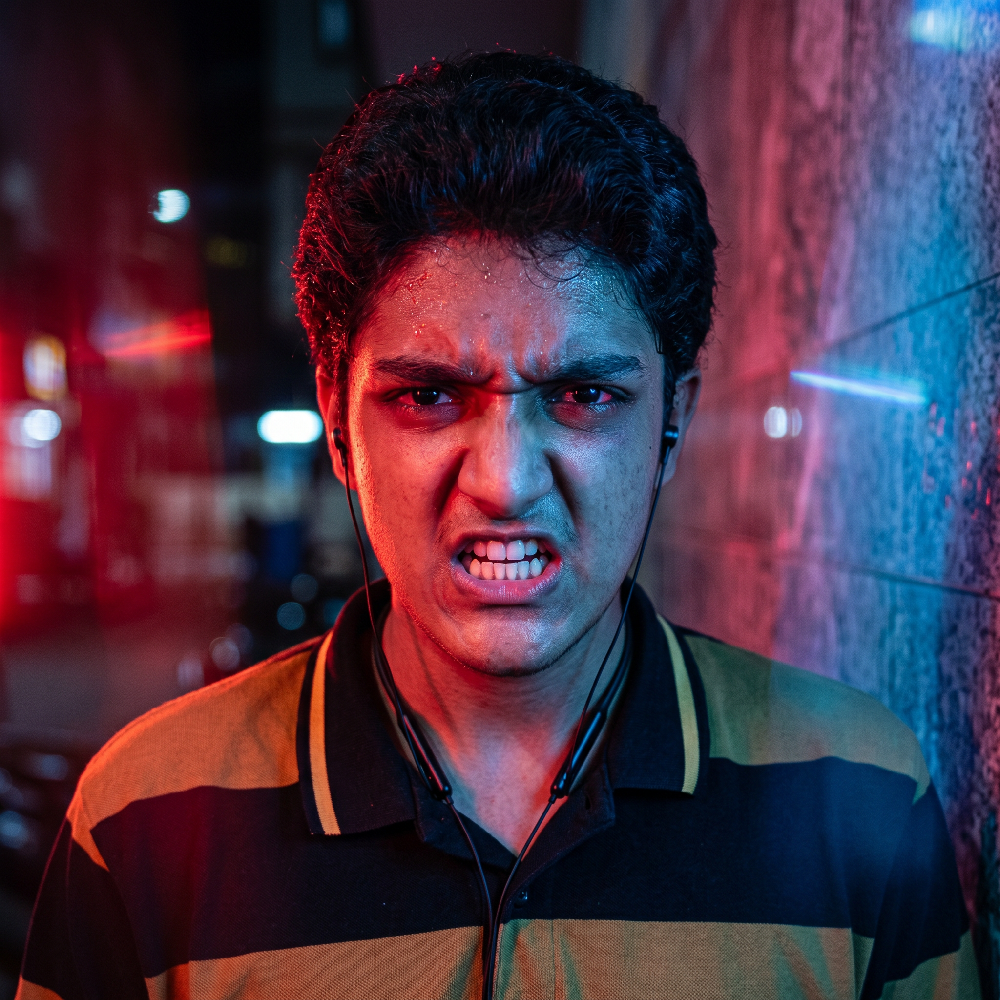 AI Design for convert into the anger face and red and blue lighting effects and convert into in the realistic photo
