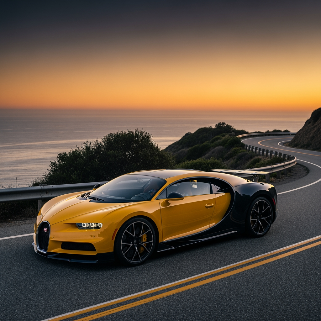 AI Design for make wallpaper for dextop and in which real bugatti and its colour is yellow and the wallpaper size is 19:6