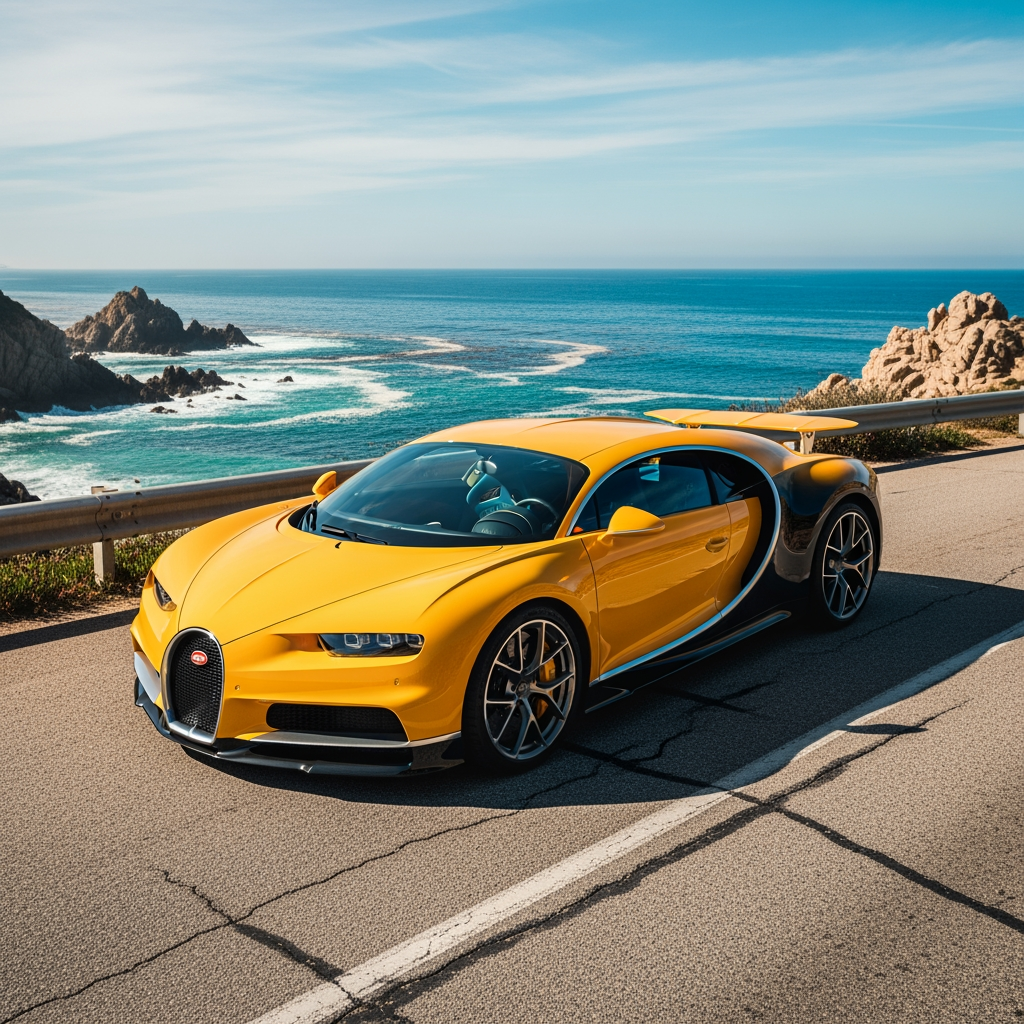 AI Design for make wallpaper for dextop and in which real bugatti and its colour is yellow