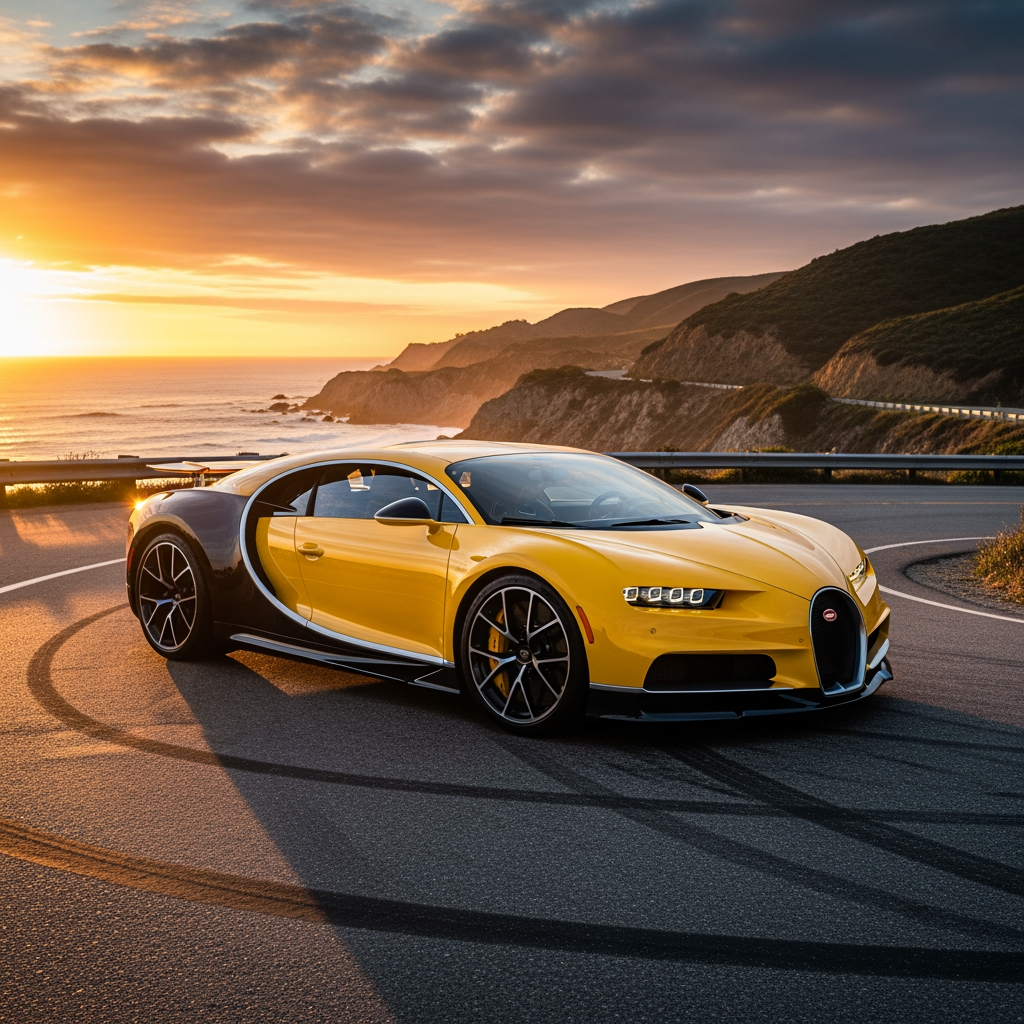 AI Design for make wallpaper for dextop and in which real bugatti and its colour is yellow and the wallpaper size is 19:6