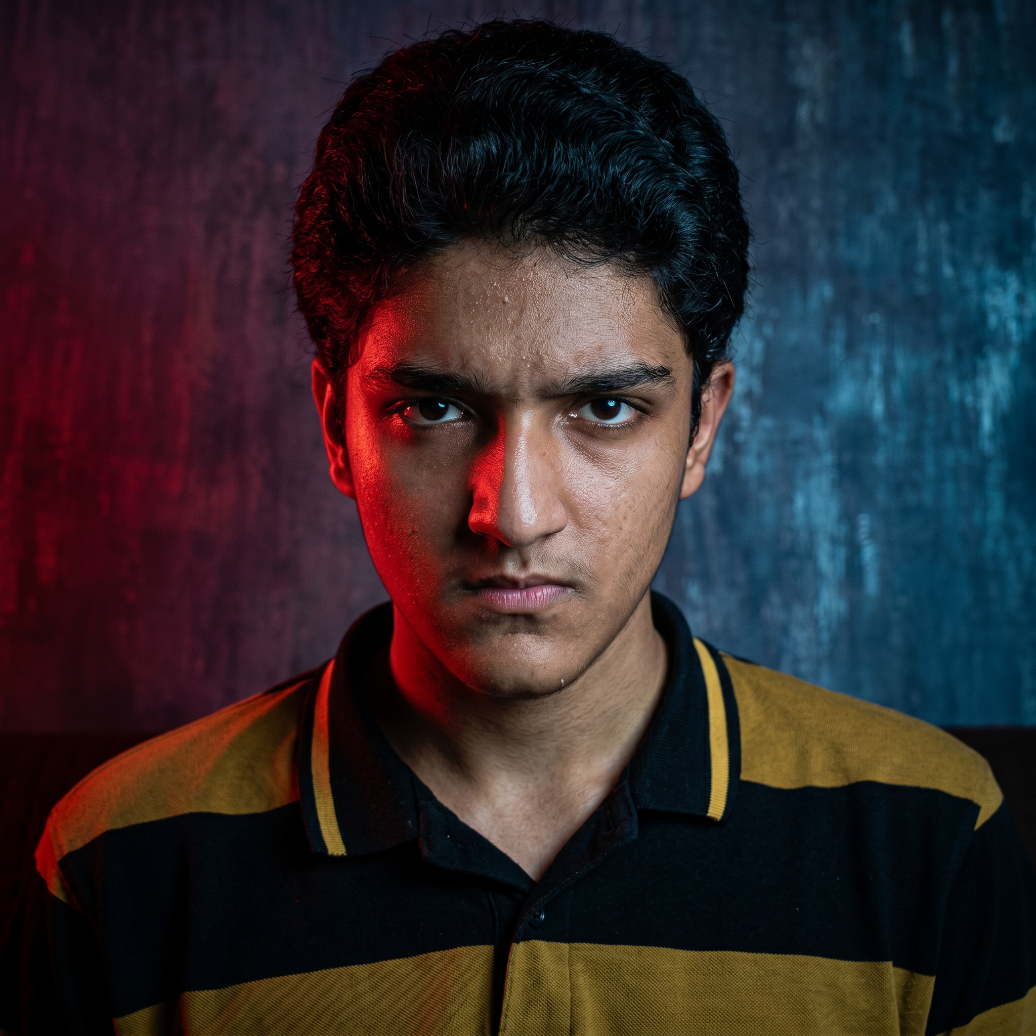 AI Design for convert into the seriuse face and red and blue lighting effects and convert into in the realistic photo