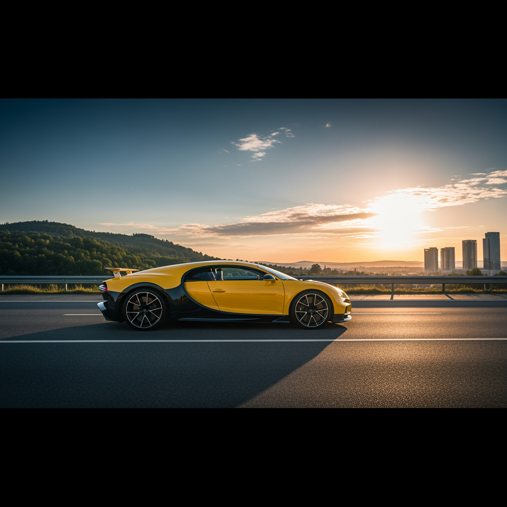 AI Design for make wallpaper for dextop and in which real bugatti and its colour is yellow and the wallpaper size