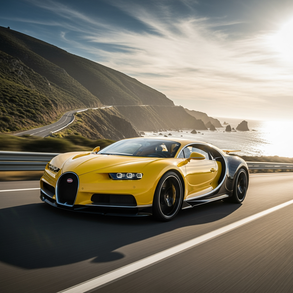 AI Design for make wallpaper for dextop and in which real bugatti and its colour is yellow