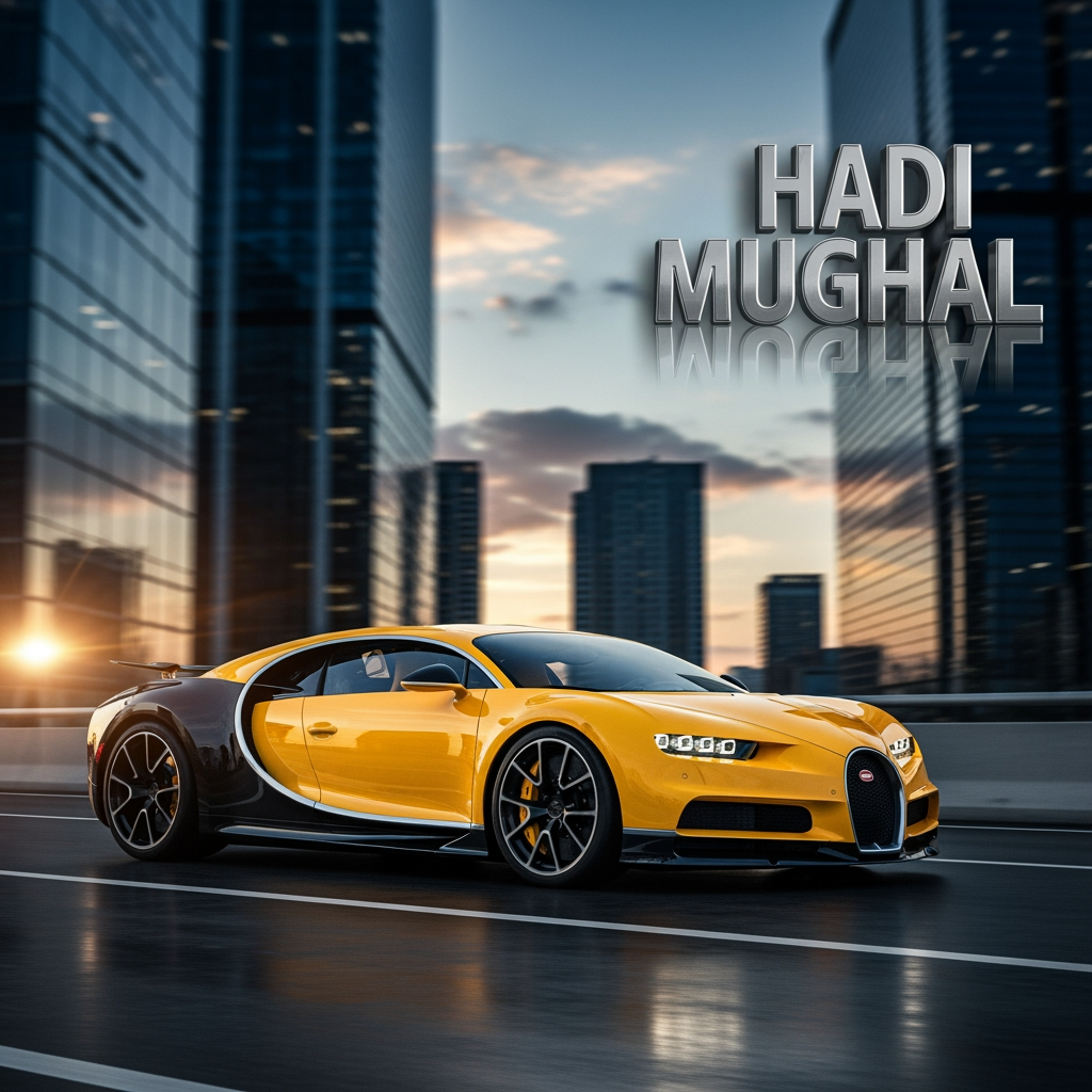 AI Design for make wallpaper for dextop and in which real bugatti and its colour is yellow and the wallpaper size is 19:6 add in 3D text and the text is HADI MUGHAL paste on right side upper corner