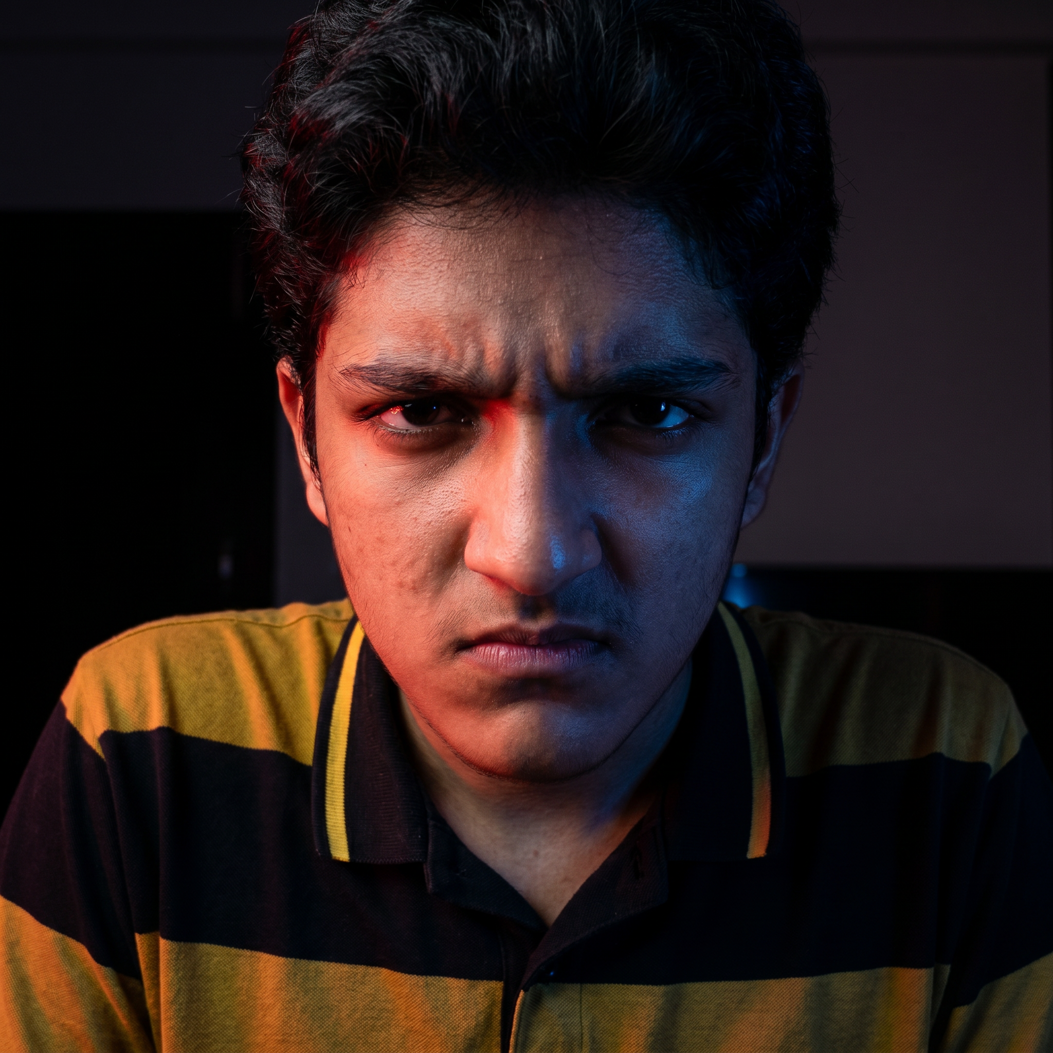 AI Design for convert into the anger face and red and blue lighting effects and convert into in the realistic photo