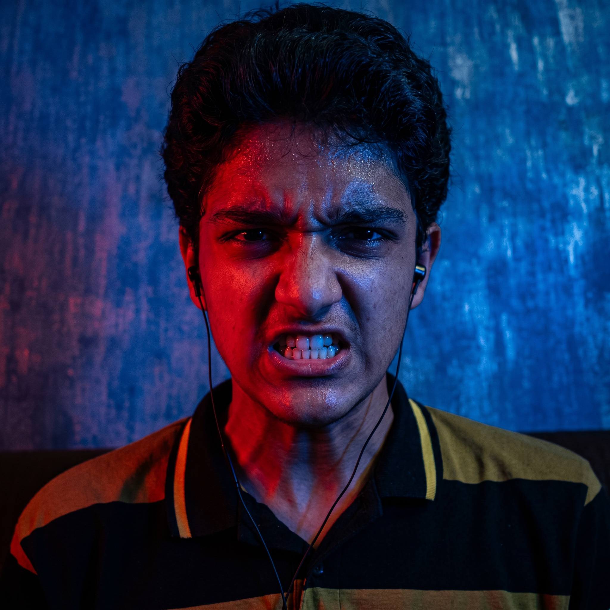 AI Design for convert into the anger face and red and blue lighting effects and convert into in the realistic photo