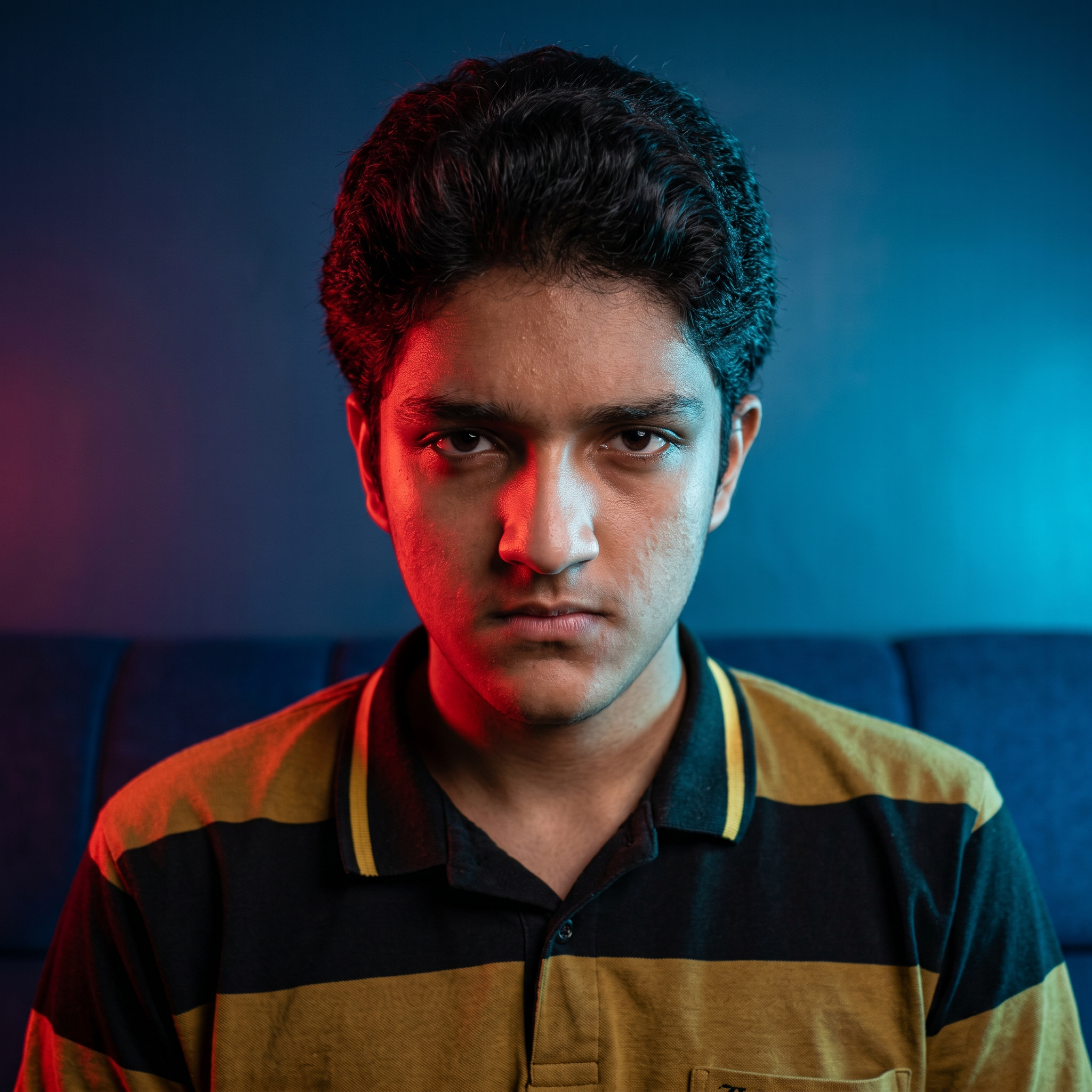 AI Design for convert into the seriuse face and red and blue lighting effects and convert into in the realistic photo