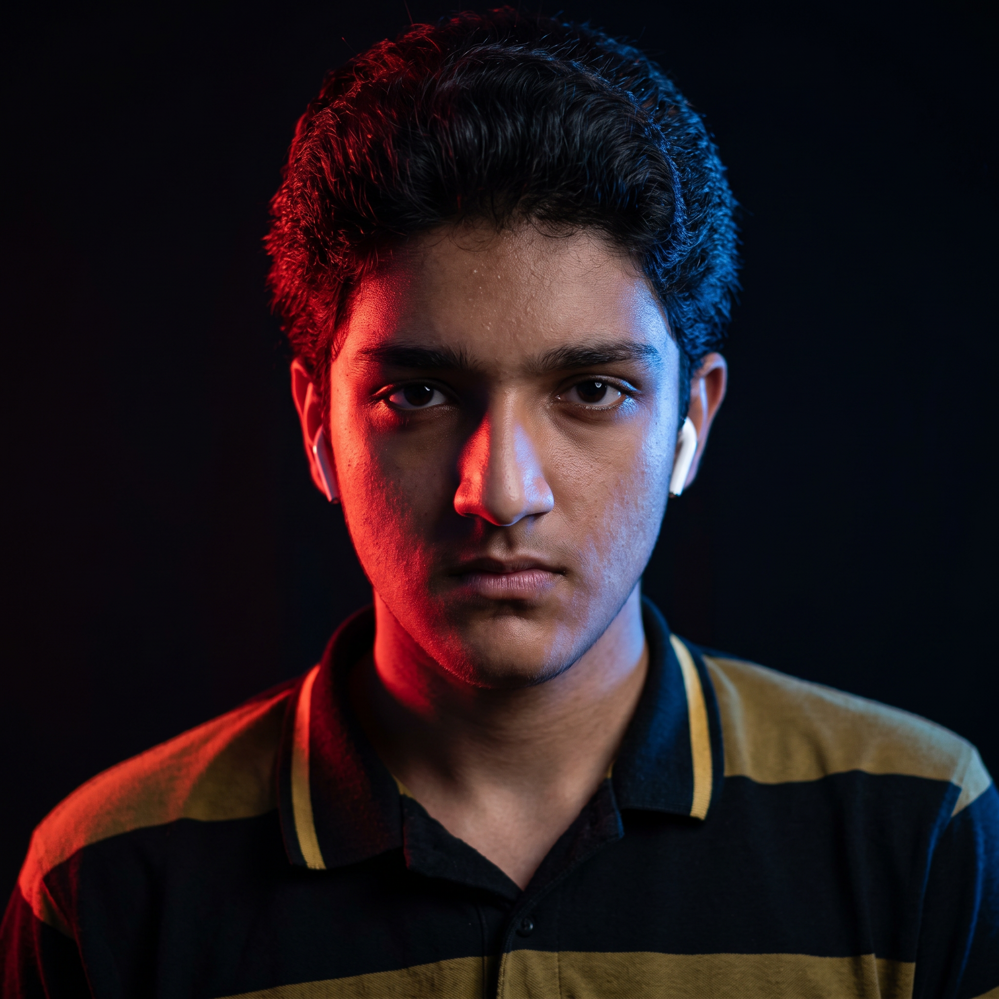 AI Design for convert into the serious face and red and blue lighting effects and convert into in the realistic photo