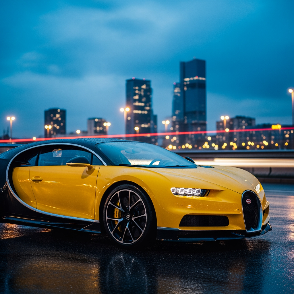 AI Design for make wallpaper for dextop and in which real bugatti and its colour is yellow