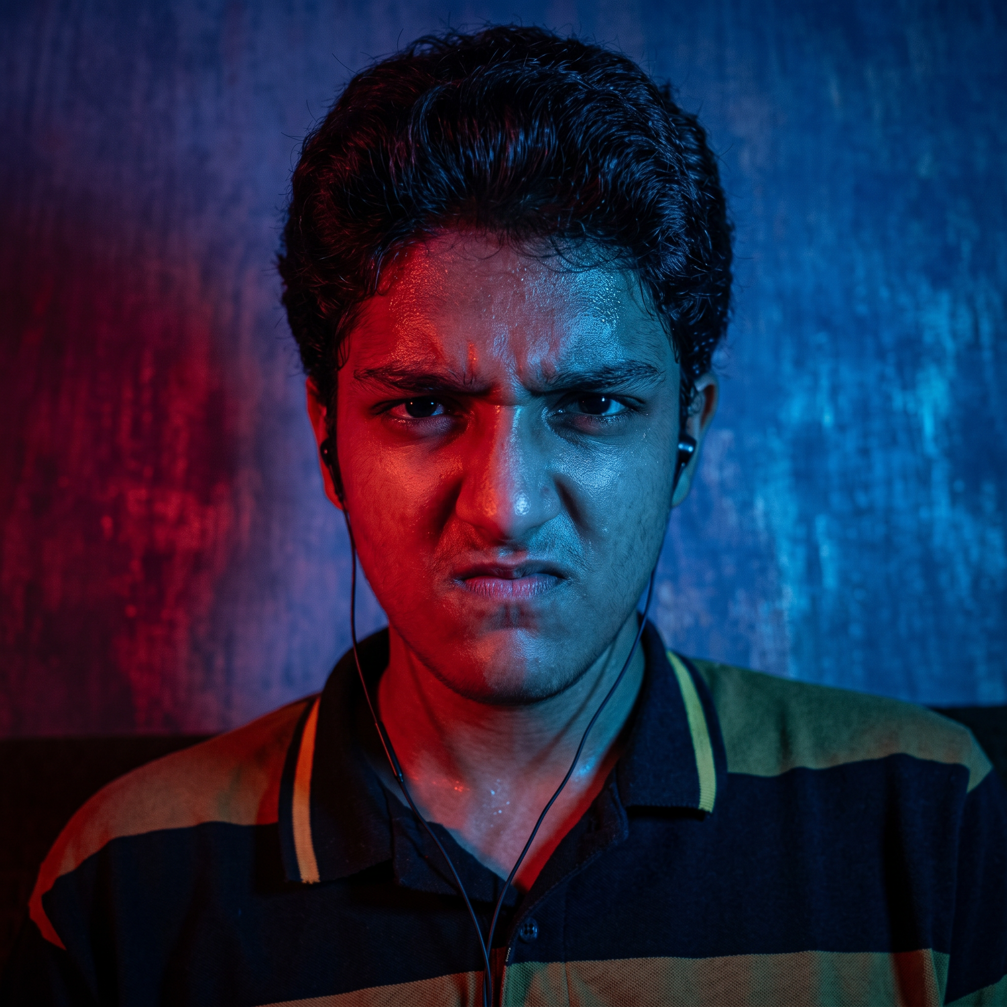AI Design for convert into the anger face and red and blue lighting effects and convert into in the realistic photo