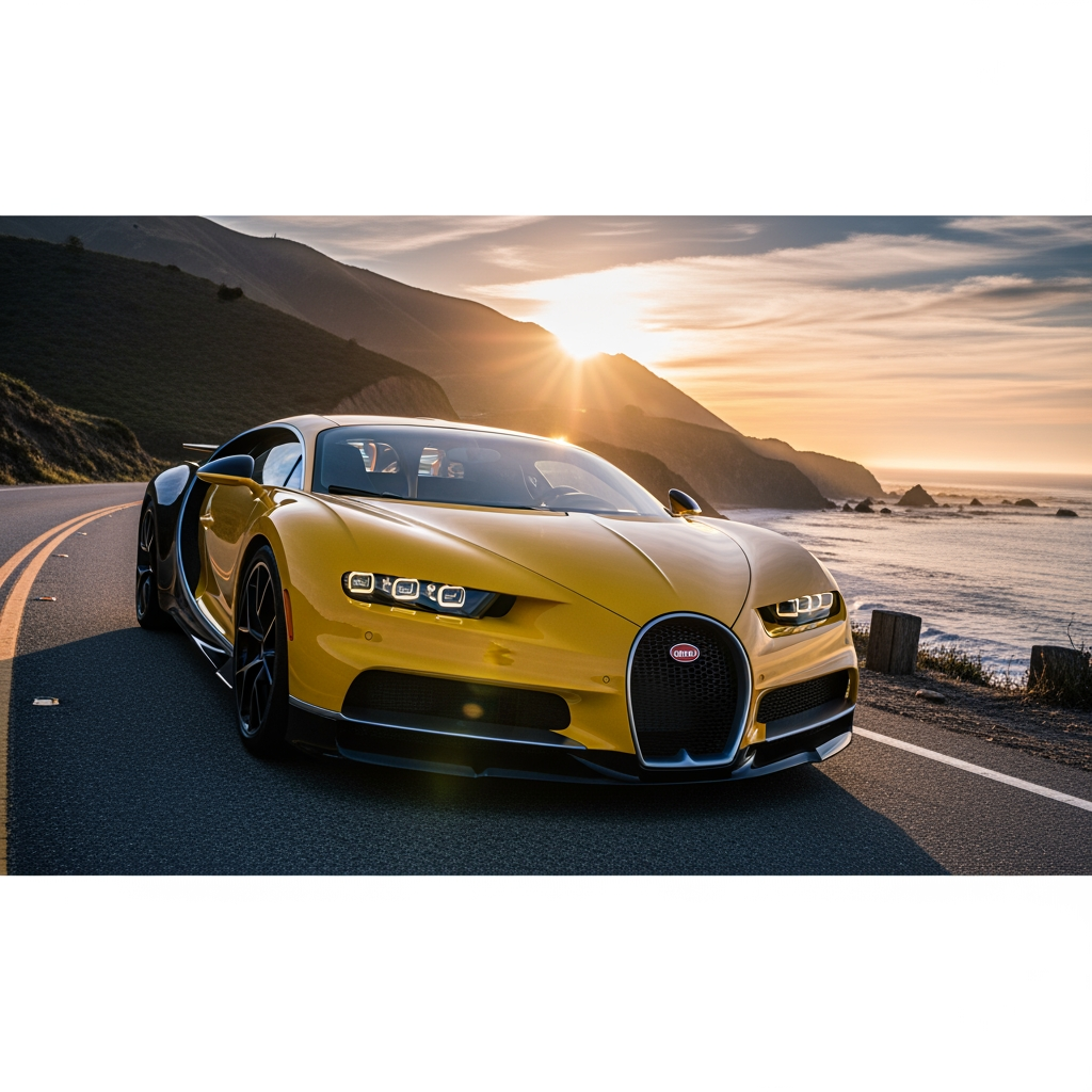 AI Design for make wallpaper for dextop and in which real bugatti and its colour is yellow and the wallpaper size