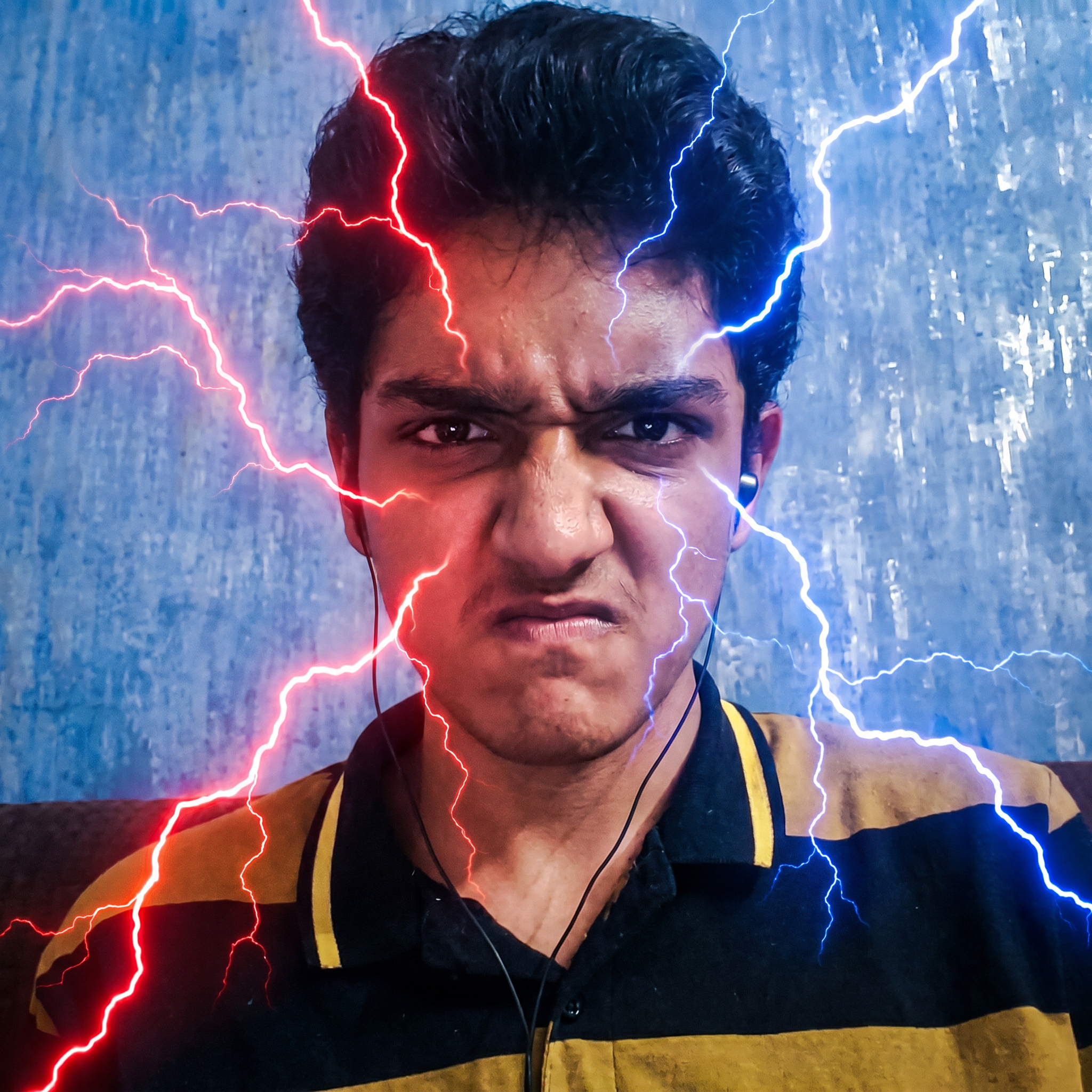 AI Design for convert into the anger face and red and blue lightning effects and convert into in the realistic photo