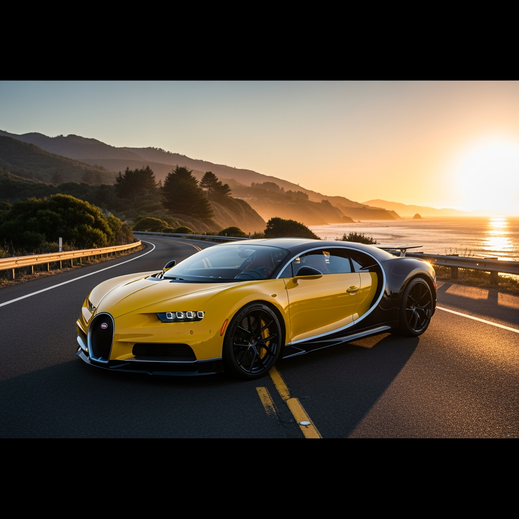 AI Design for make wallpaper for dextop and in which real bugatti and its colour is yellow and the wallpaper size