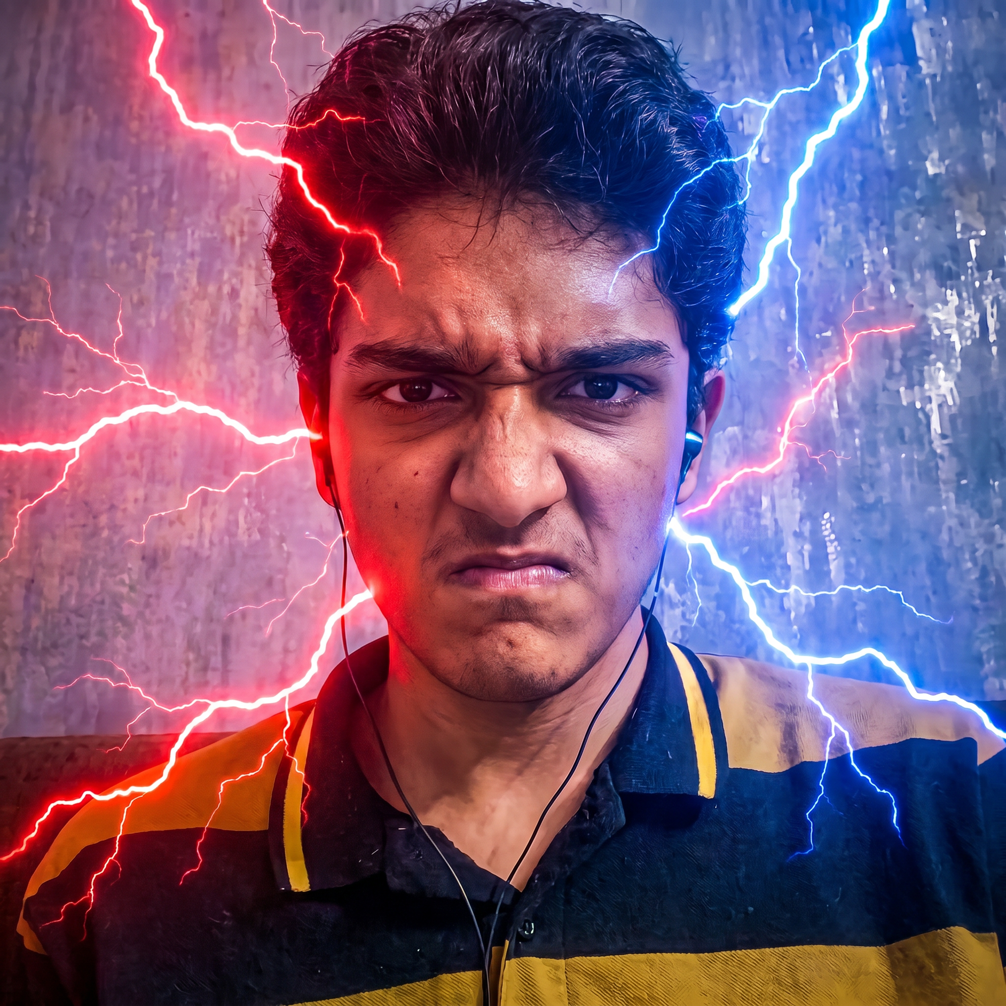 AI Design for convert into the anger face and red and blue lightning effects and convert into in the realistic photo