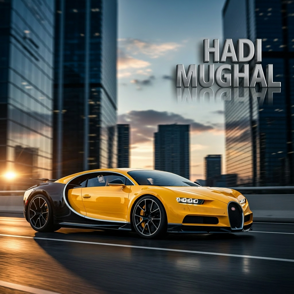AI Design for make wallpaper for dextop and in which real bugatti and its colour is yellow and the wallpaper size is 19:6 add in 3D text and the text is HADI MUGHAL paste on right side upper corner and the wallpaper size is 19:6