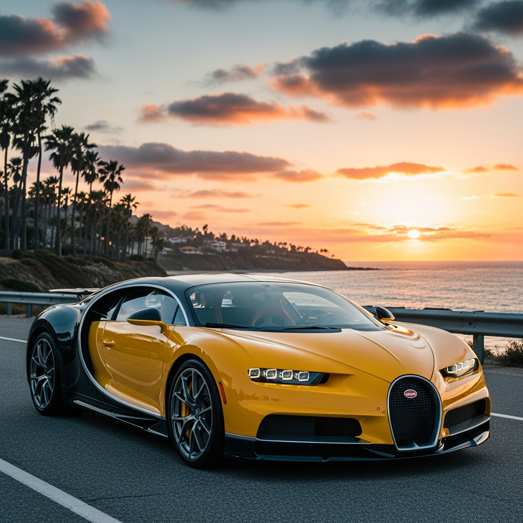 AI Design for make wallpaper for dextop and in which real bugatti and its colour is yellow and the wallpaper size is 19:6