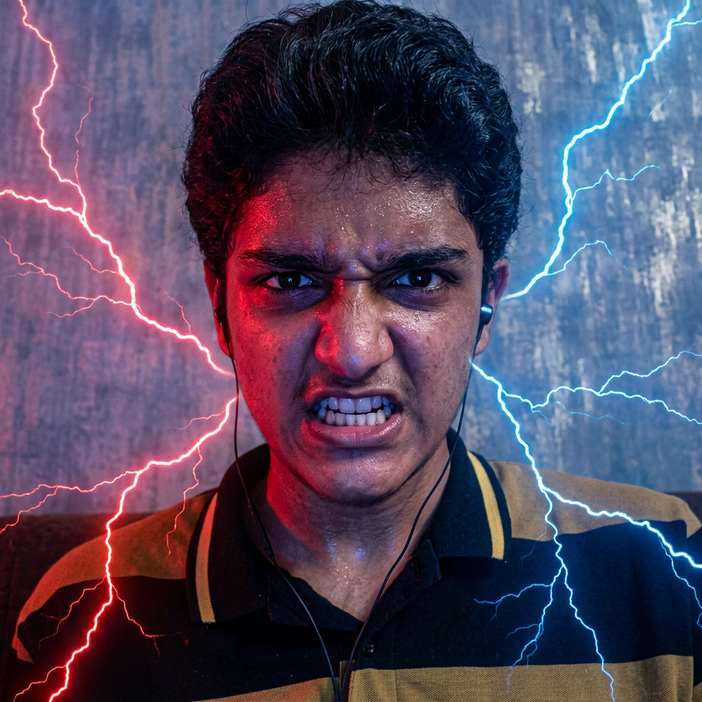 AI Design for convert into the anger face and red and blue lightning effects and convert into in the realistic photo