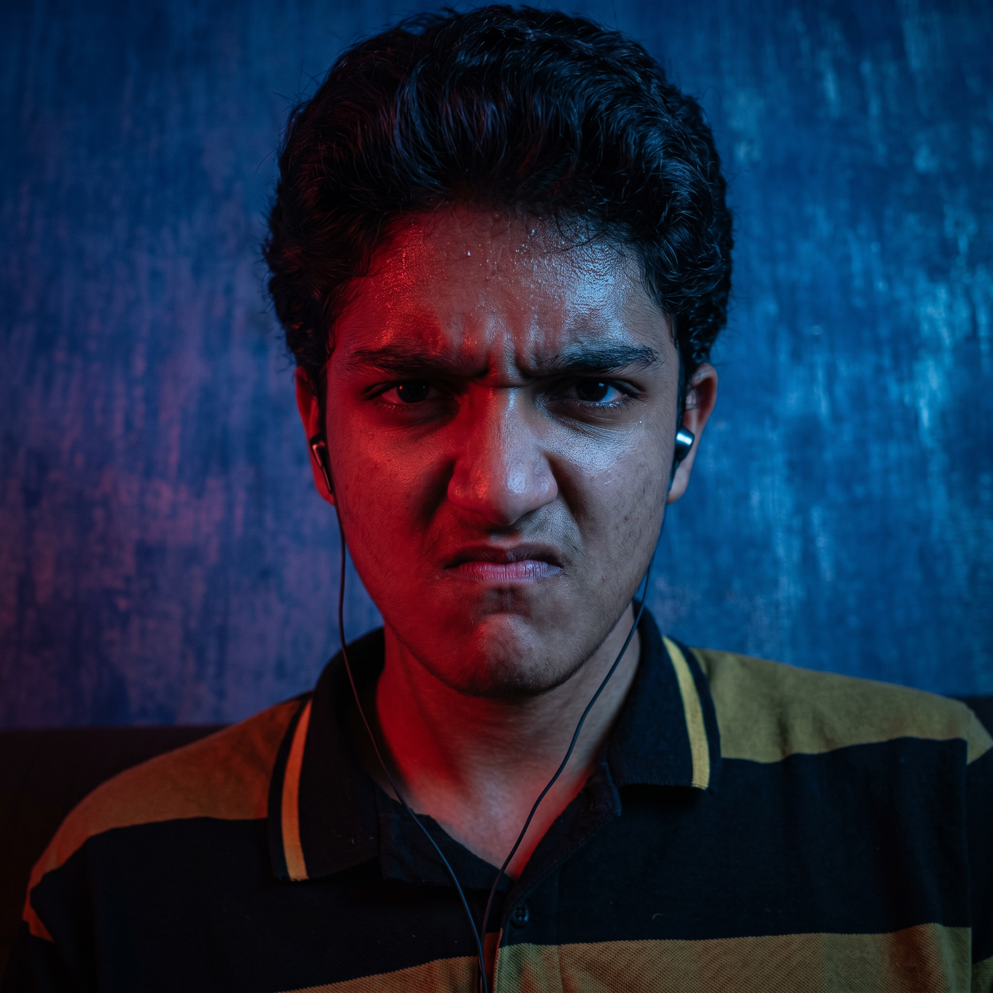 AI Design for convert into the anger face and red and blue lighting effects and convert into in the realistic photo