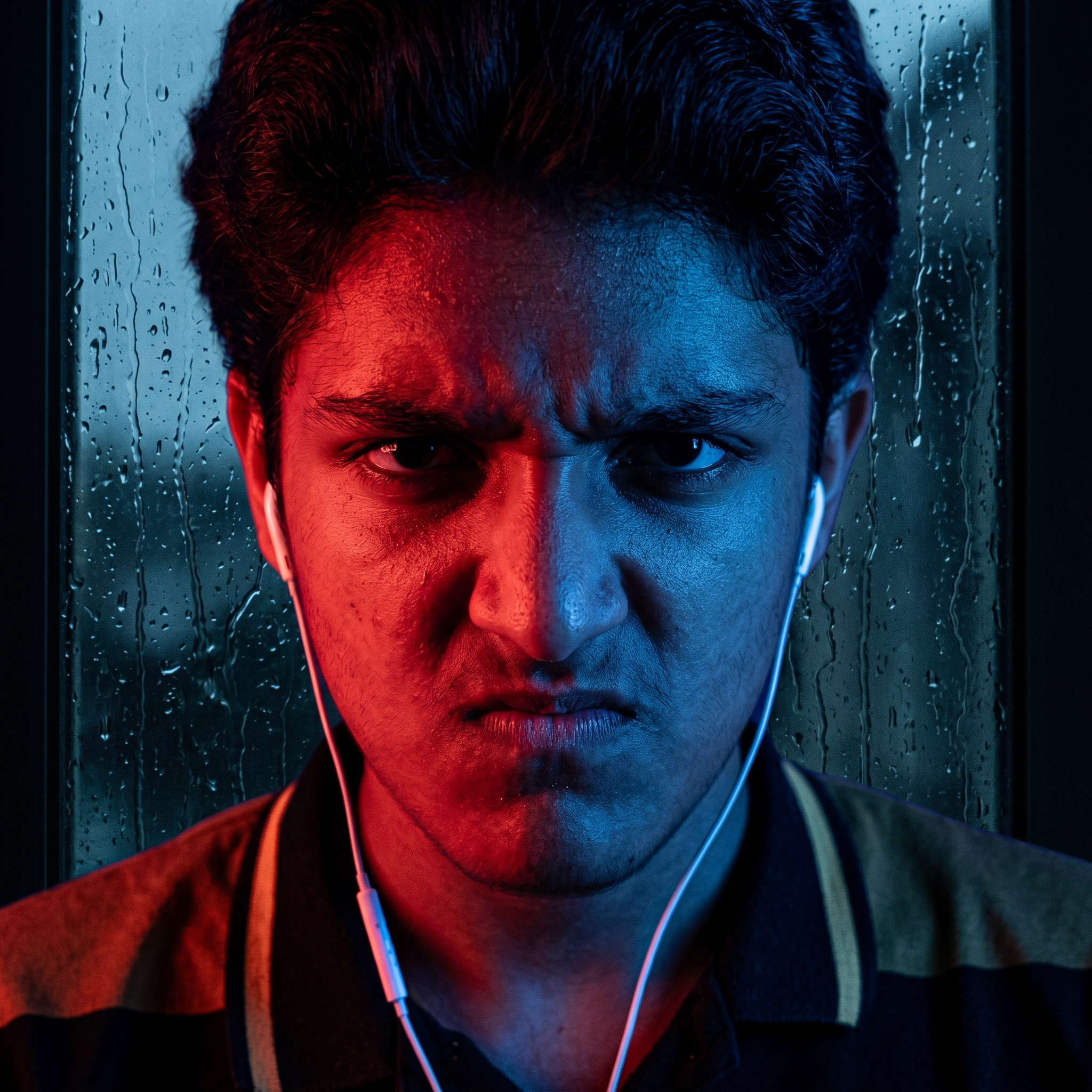 AI Design for convert into the anger face and red and blue lighting effects and convert into in the realistic photo