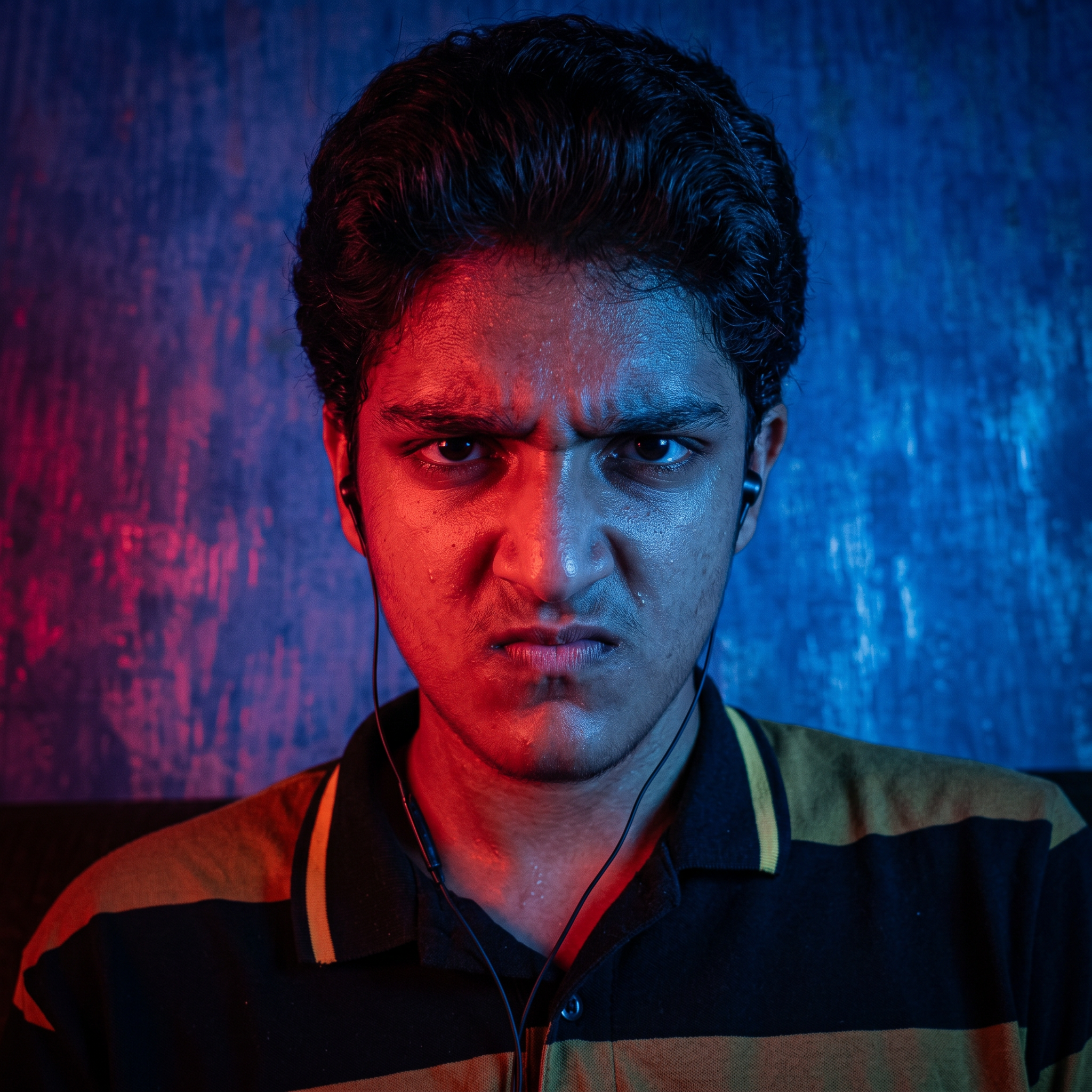 AI Design for convert into the anger face and red and blue lighting effects and convert into in the realistic photo