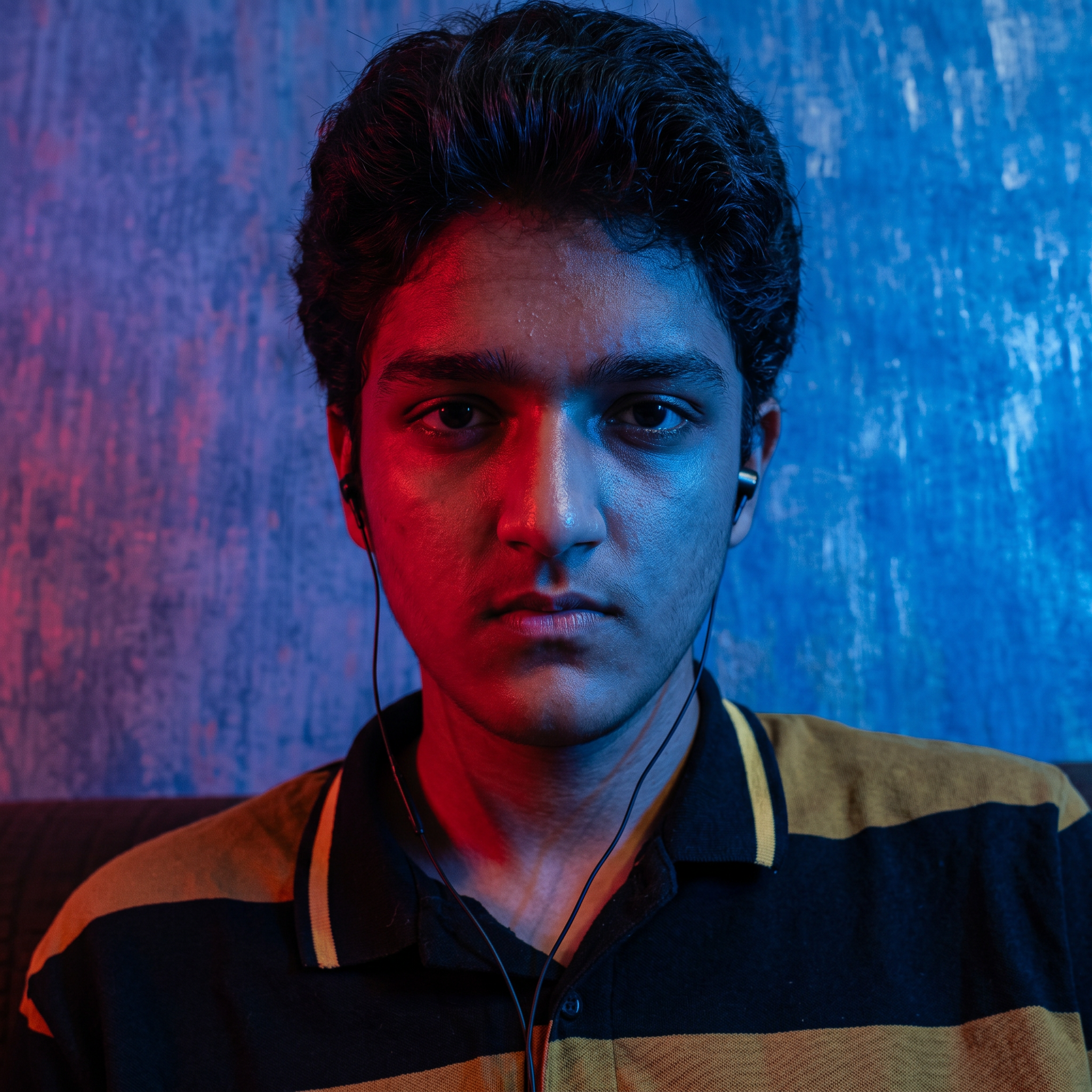AI Design for convert into the seriuse face and red and blue lighting effects and convert into in the realistic photo