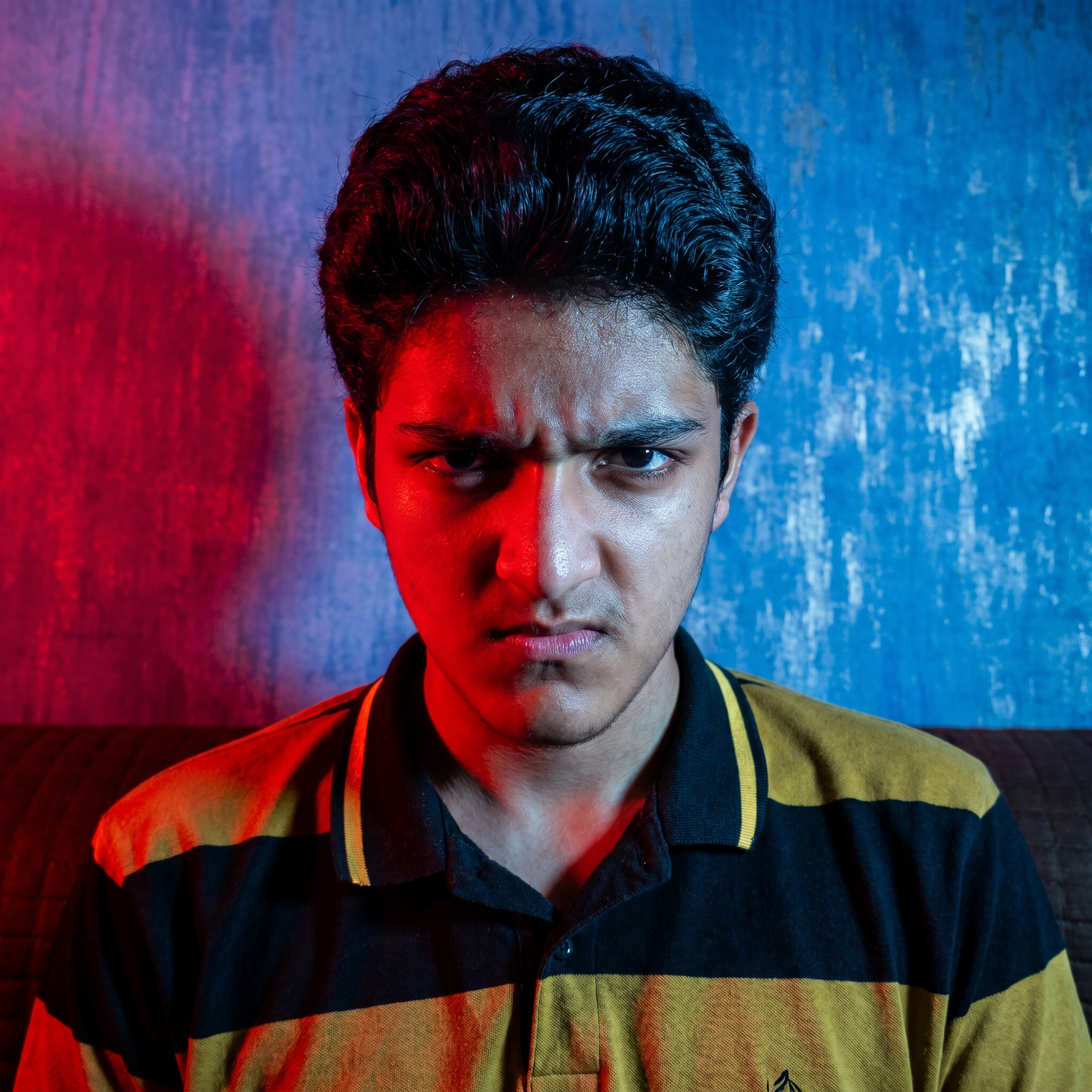 AI Design for convert into the anger face and red and blue lighting effects and convert into in the realistic photo