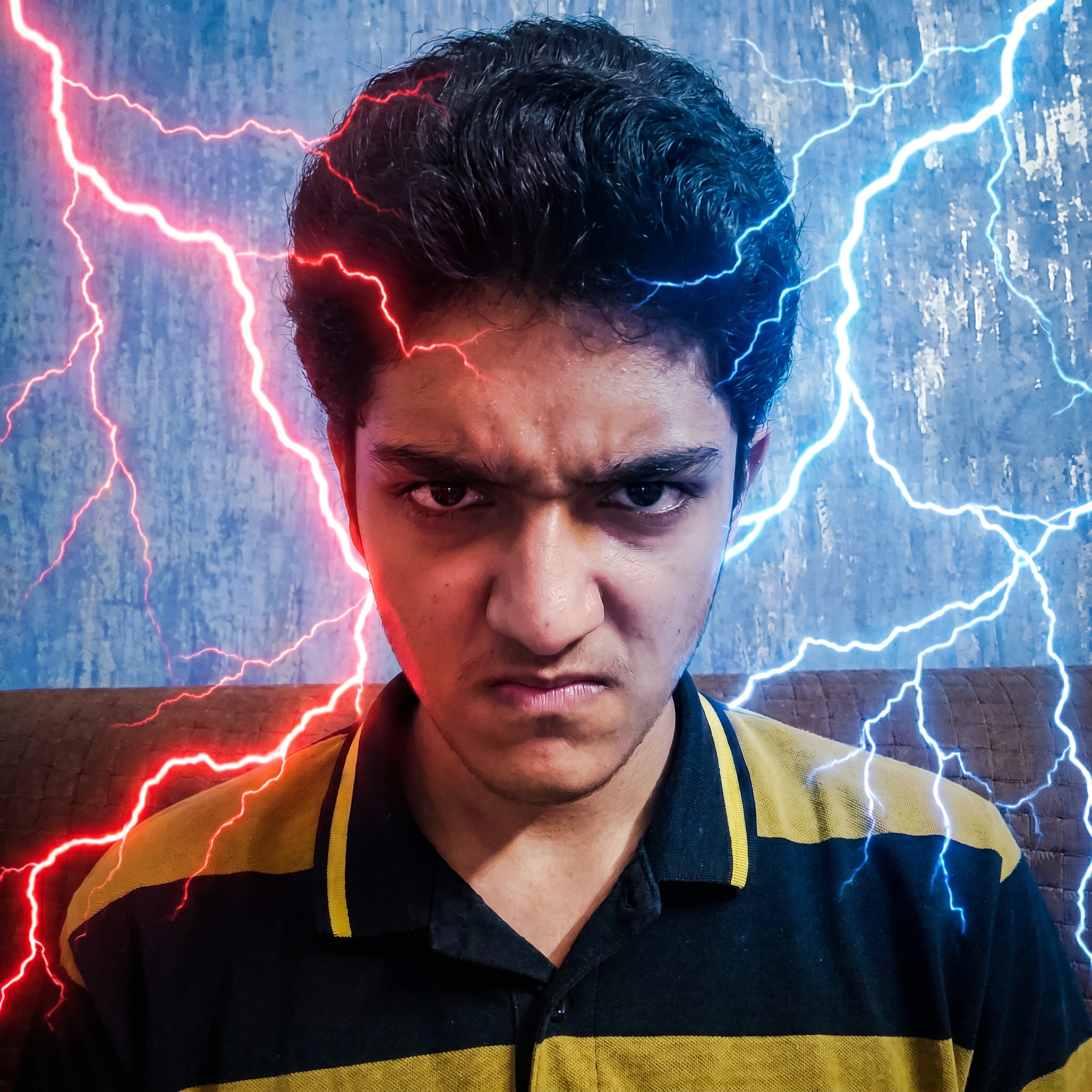 AI Design for convert into the anger face and red and blue lightning effects and convert into in the realistic photo