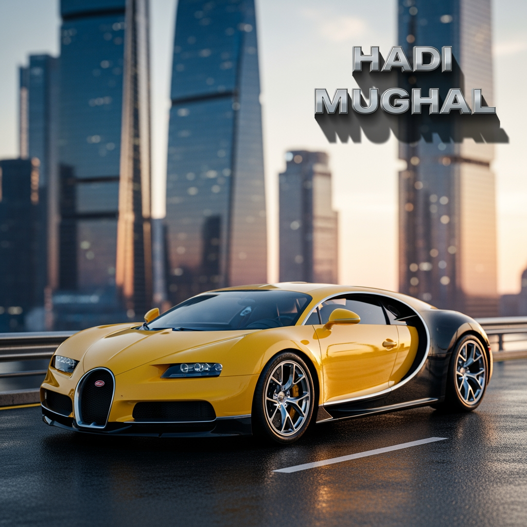 AI Design for make wallpaper for dextop and in which real bugatti and its colour is yellow and the wallpaper size is 19:6 add in 3D text and the text is HADI MUGHAL paste on right side upper corner