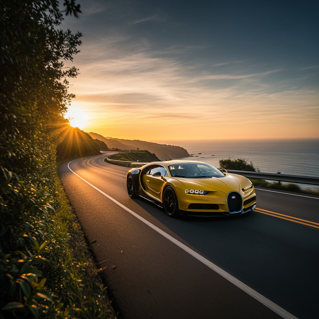 AI Design for make wallpaper for dextop and in which real bugatti and its colour is yellow and the wallpaper size is 19:6