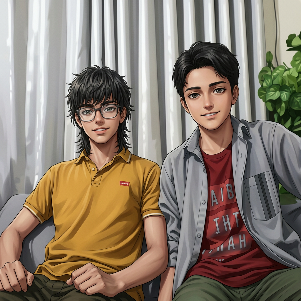 AI Design for convert into in hyper realistic aime and the yellow shirt men's hair convert into in wolf hair cut