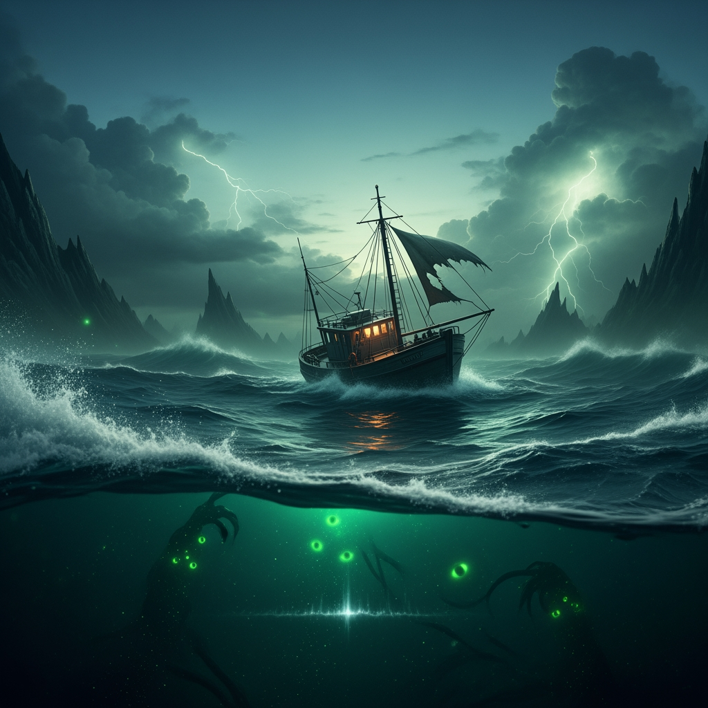 AI Design for make a video in which bermuda triangle dark green horror sence