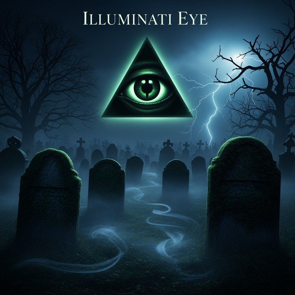 AI Design for make a video in which illuminati eye logo dark green horror sence in graveyard