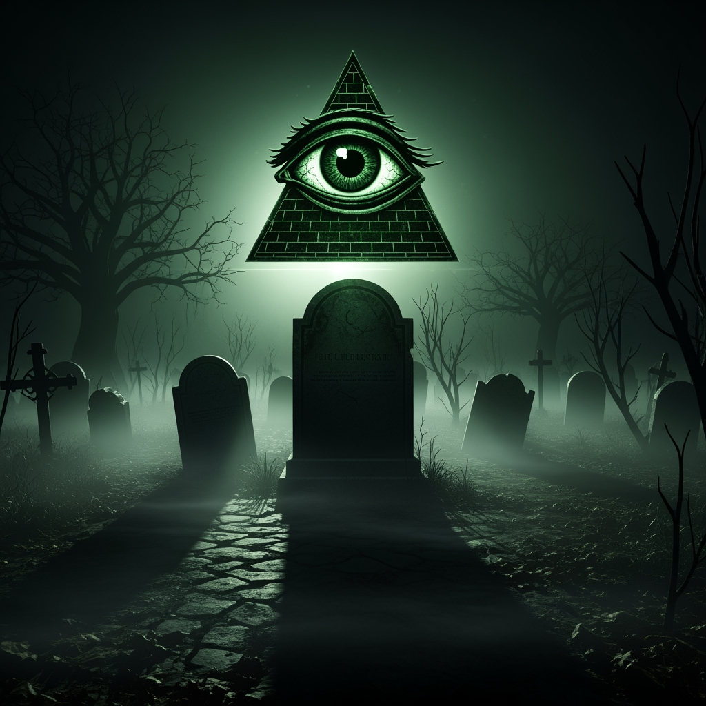 AI Design for make a video in which illuminati eye logo dark green horror sence in graveyard in hyper realistic